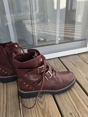 Women's Burgundy Lace-Up Combat Boots with Buckle Detail